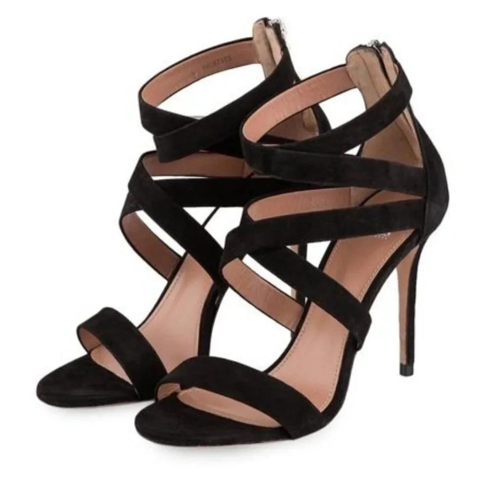 BOSS Hugo Boos GRACE Black Suede Strappy Stiletto Sandals Heels Sze EU38/7.5